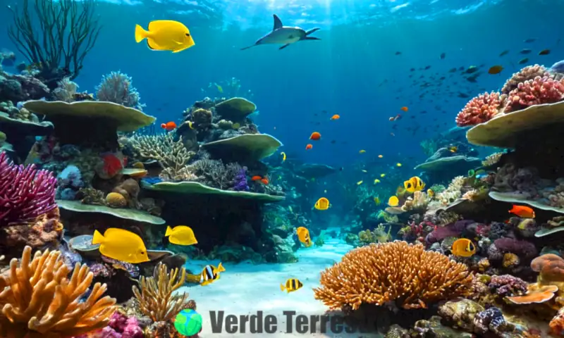 Escena submarina con arrecifes de coral, ríos de agua dulce y humedales, habitada por peces coloridos, tortugas y plantas acuáticas, mostrando amenazas y esfuerzos de conservación