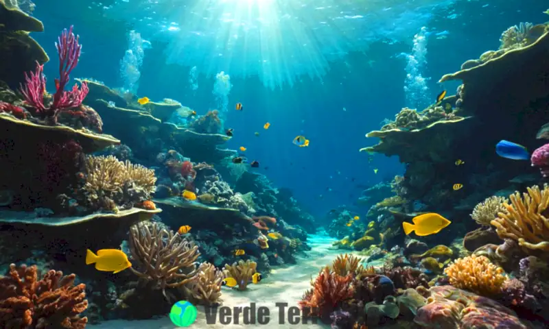 Escena submarina vibrante con peces coloridos, corales y algas en diversos ecosistemas acuáticos bajo la luz del sol