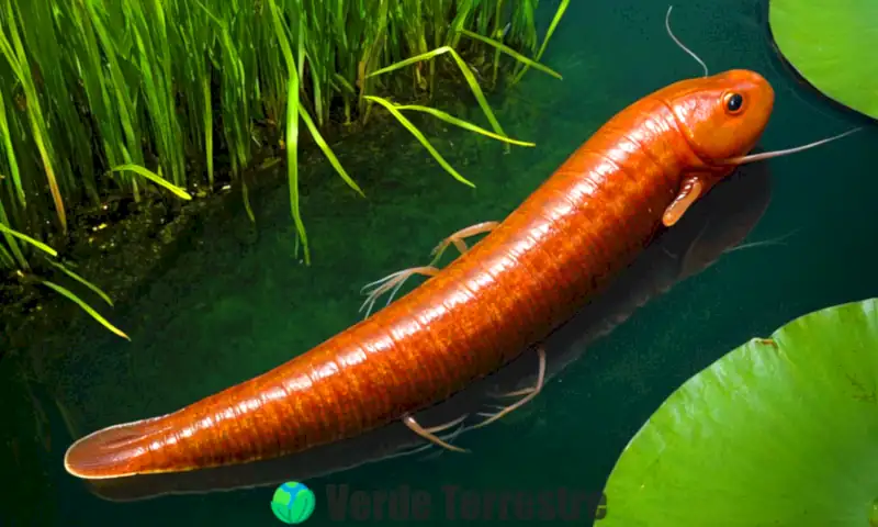 Una sanguijuela hermafrodita reposa en una ribera verde, rodeada de un arroyo claro y plantas acuáticas