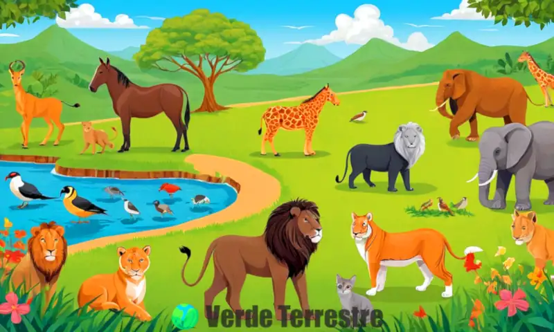 Ilustración colorida de 18 animales de cuatro patas en un entorno natural diverso, con características distintivas y etiquetas educativas