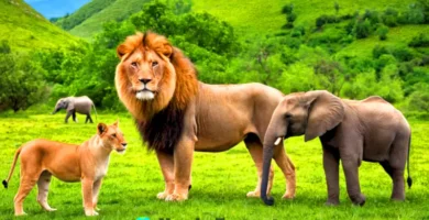 Ilustración de 18 animales cuadrúpedos en un paisaje natural vibrante