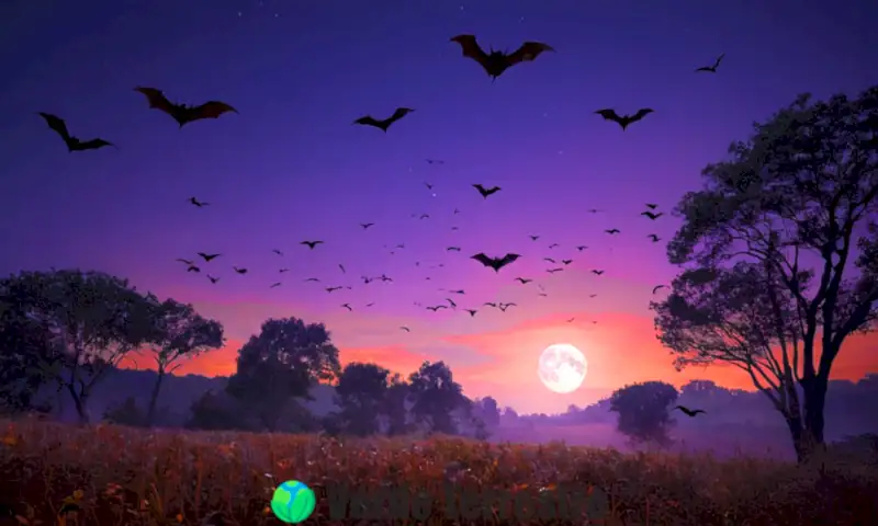 Bats en vuelo en un cielo crepuscular de tonos púrpura y naranja, rodeados de árboles y una luna llena