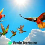 Ilustración vibrante de aves volando en un cielo azul