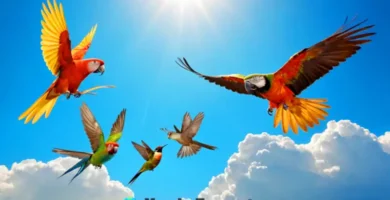 Ilustración vibrante de aves volando en un cielo azul