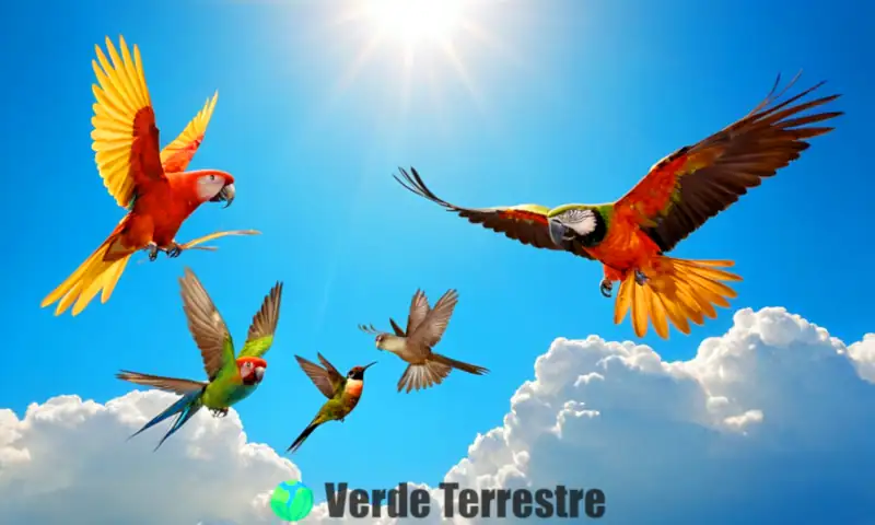 Ilustración vibrante de aves volando en un cielo azul