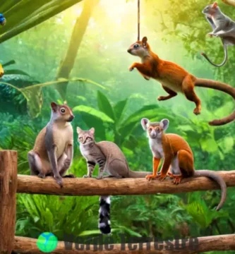 Collage vibrante con diez animales de largas colas en un jungla colorida