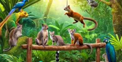 Collage vibrante con diez animales de largas colas en un jungla colorida