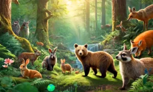 Ilustración de 15 animales peludos en un bosque vibrante
