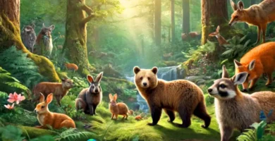 Ilustración de 15 animales peludos en un bosque vibrante