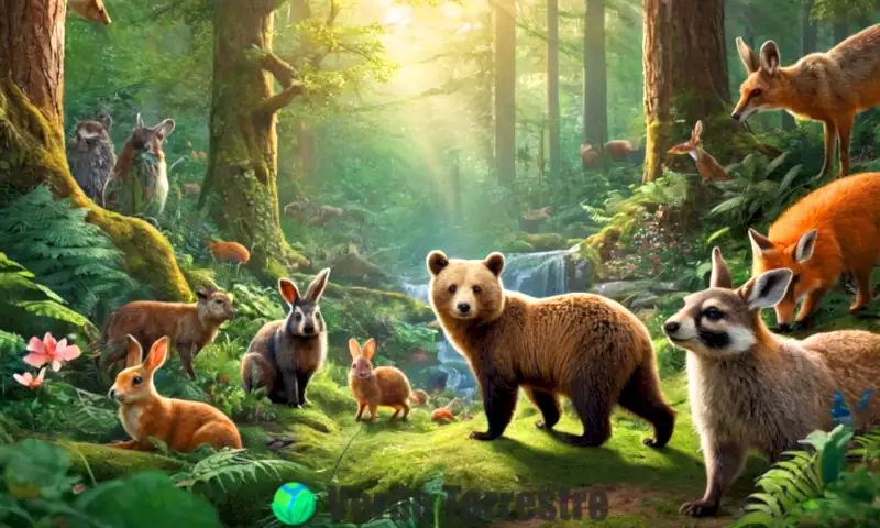 Ilustración de 15 animales peludos en un bosque vibrante