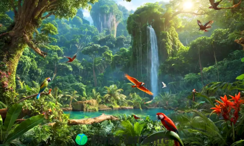 Escena de selva tropical con animales exóticos, como aves coloridas, monos juguetones y ranas vibrantes, rodeados de vegetación densa y luz filtrada