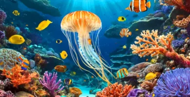 Ilustración de invertebrados coloridos en un entorno marino y terrestre