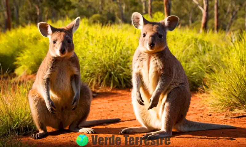 Un canguro, un koala y un wombat en un colorido hábitat natural australiano lleno de vegetación