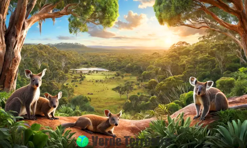Animales marsupiales, como canguros y koalas, en su hábitat australiano, rodeados de eucaliptos y un cielo azul