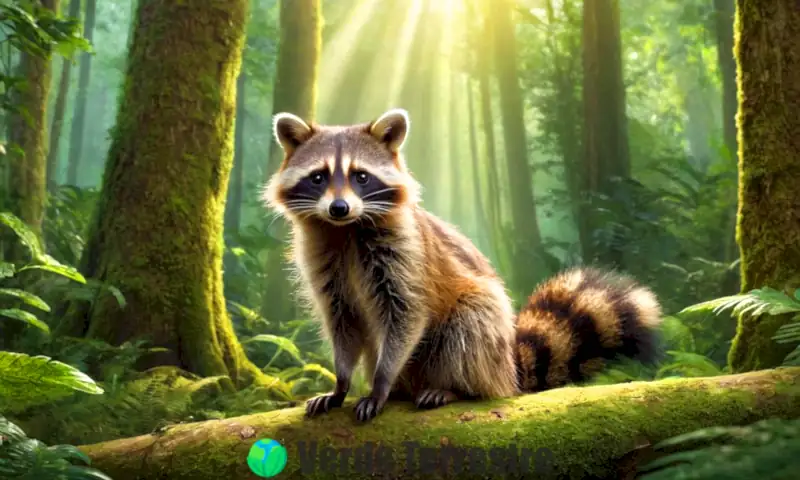 Ilustración de un Aguará popé rodeado de 11 animales similares a mapaches en un bosque vibrante, mostrando su diversidad en tamaño y color