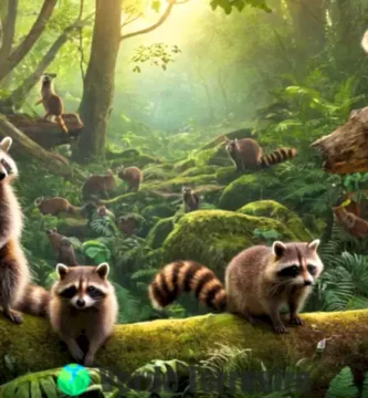 Ilustración de 11 animales similares a mapaches en un bosque exuberante