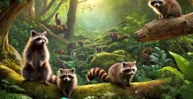 Ilustración de 11 animales similares a mapaches en un bosque exuberante