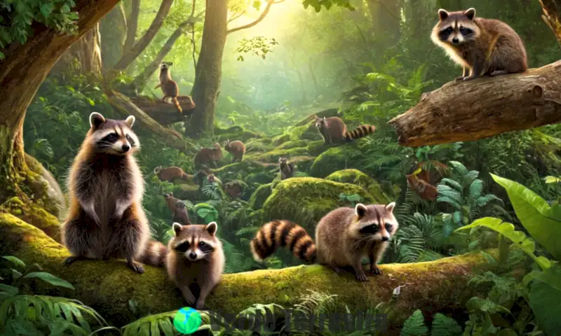 Ilustración de 11 animales similares a mapaches en un bosque exuberante