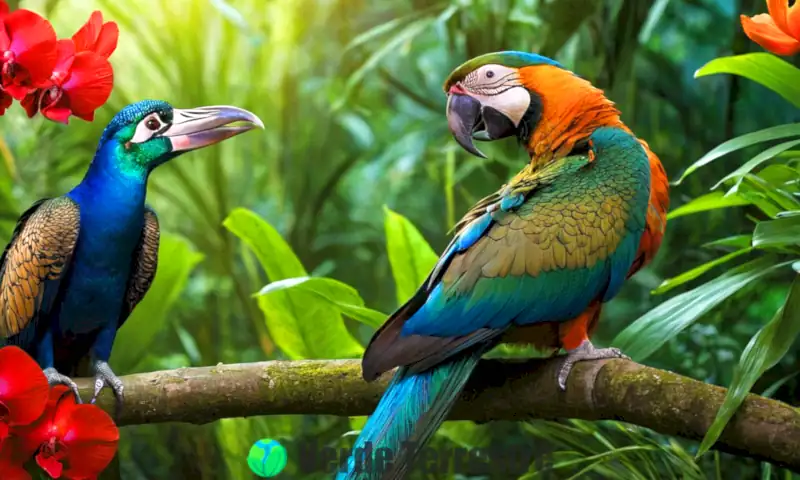 Portada colorida con 20 animales hermosos en una selva vibrante, incluyendo un pavo real, un panda, un delfín y un guacamayo