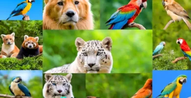 Collage colorido de 20 animales hermosos en un entorno natural vibrante y armonioso