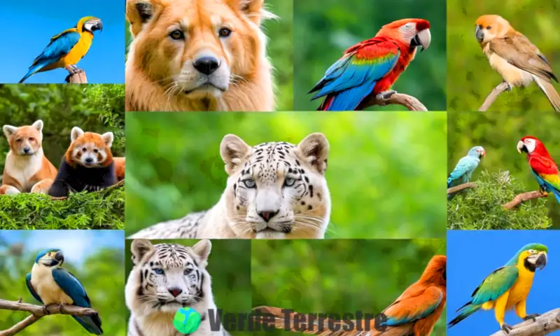 Collage colorido de 20 animales hermosos en un entorno natural vibrante y armonioso