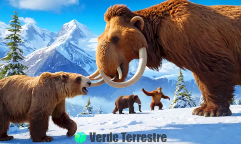 Grupo de animales de la Edad de Hielo, incluyendo un mamut, un tigre diente de sable y un perezoso gigante en un paisaje nevado con montañas y flora prehistórica