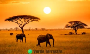 Atardecer en una sabana africana con fauna como leones