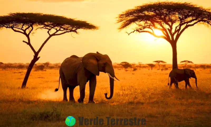 Elefantes, leones y jirafas en una colorida sabana africana al atardecer, rodeados de acacias y hierbas altas