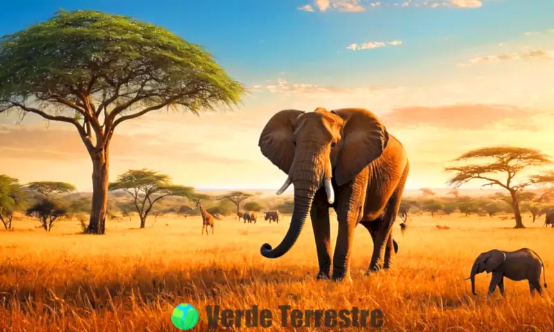 Ilustración de la sabana africana con elefantes, leones y jirafas bajo un cielo azul y un cálido atardecer