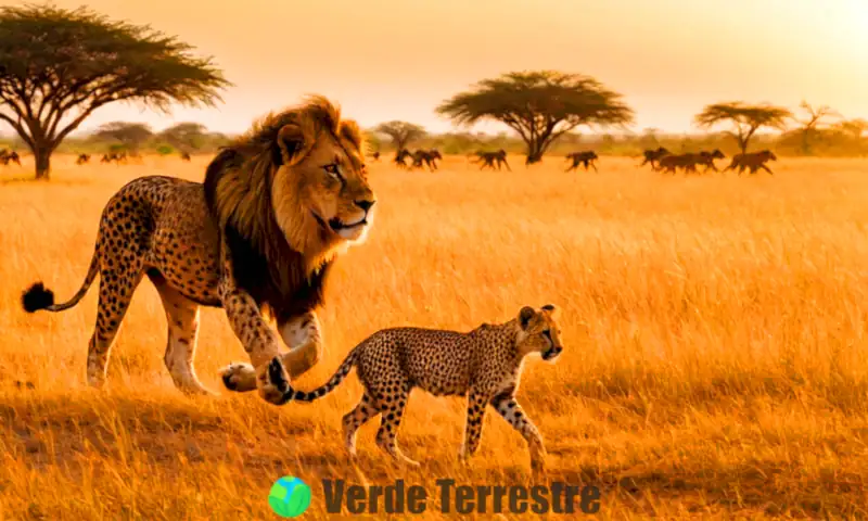 Sabana africana al atardecer con un león, un guepardo y un grupo de perros salvajes persiguiendo a una manada de ñus, rodeados de árboles de acacia