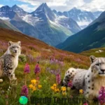 Ilustración encantadora de animales de montaña en un paisaje alpino