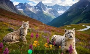 Ilustración encantadora de animales de montaña en un paisaje alpino