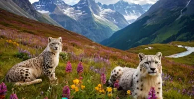 Ilustración encantadora de animales de montaña en un paisaje alpino