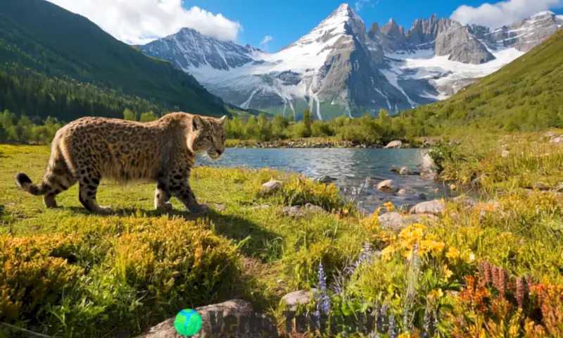 Un paisaje montañoso vibrante con 80 animales únicos, como cabras montesas y leopardos de las nieves, que muestran su biodiversidad y adaptaciones