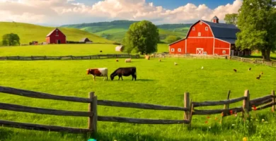 Escena campestre vibrante con más de 25 animales de granja en un prado verde