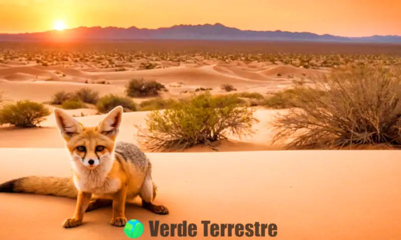 Animales del desierto como un zorro feneco, una serpiente de cascabel y una tortuga, en un paisaje árido al atardecer