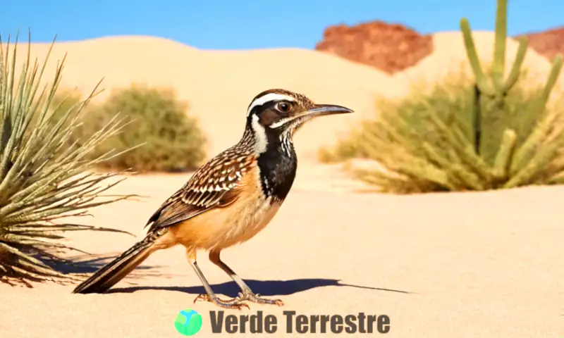 Ilustración vibrante de aves del desierto, incluyendo el correcaminos, el sinsonte y el pinzón del desierto, en un ambiente soleado con dunas de arena y cielo azul