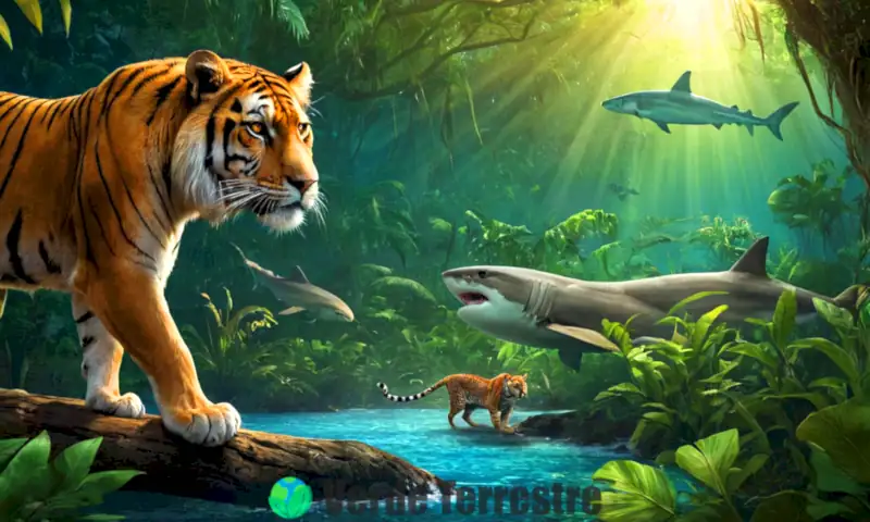 Ilustración educativa de depredadores animales en sus hábitats: león en la sabana, tigre en la jungla, búho de noche y tiburón en el océano