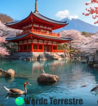 Ilustración de animales japoneses como grulla y mono en un paisaje sereno con cerezos y pagodas