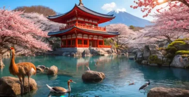 Ilustración de animales japoneses como grulla y mono en un paisaje sereno con cerezos y pagodas
