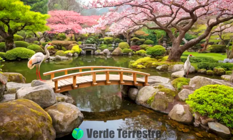 Animales japoneses en un jardín tradicional con flores de cerezo, incluyendo un macaco, un pez Koi y una grulla