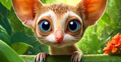 Ilustración de una selva vibrante con más de 25 animales de ojos grandes y expresivos