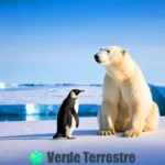 Oso polar jugando con un pingüino en un paisaje helado del Ártico y la Antártida