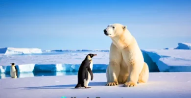 Oso polar jugando con un pingüino en un paisaje helado del Ártico y la Antártida