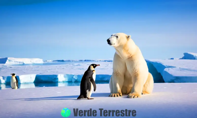 Oso polar jugando con un pingüino en un paisaje helado del Ártico y la Antártida