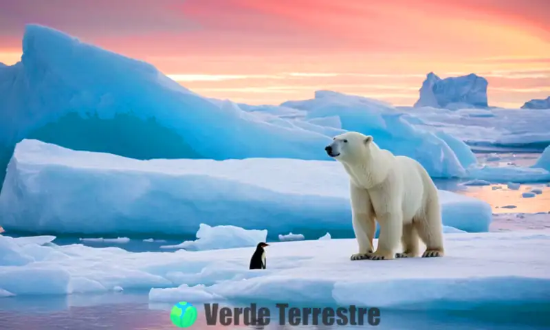 Un oso polar majestuoso y un pingüino juguetón en paisajes ártico y antártico, rodeados de hielo y auroras coloridas