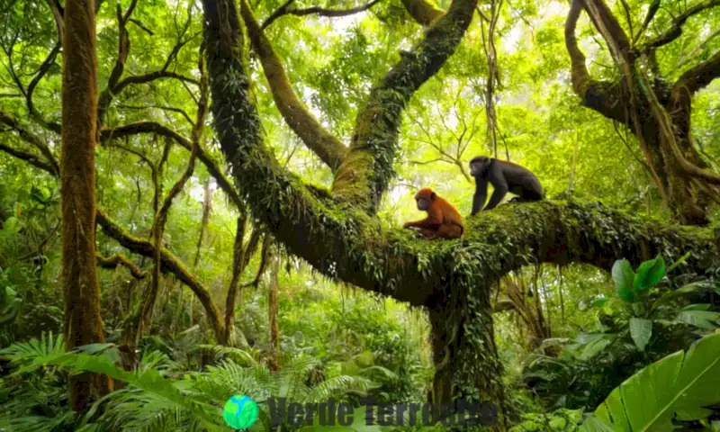 Animales arbóreos diversos en un bosque lluvioso, mostrando adaptaciones únicas entre árboles y follaje vibrante