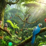 Escena vibrante de una selva tropical con 25 animales arbóreos coloridos entre hojas verdes y árboles altos