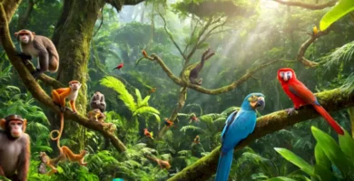 Escena vibrante de una selva tropical con 25 animales arbóreos coloridos entre hojas verdes y árboles altos