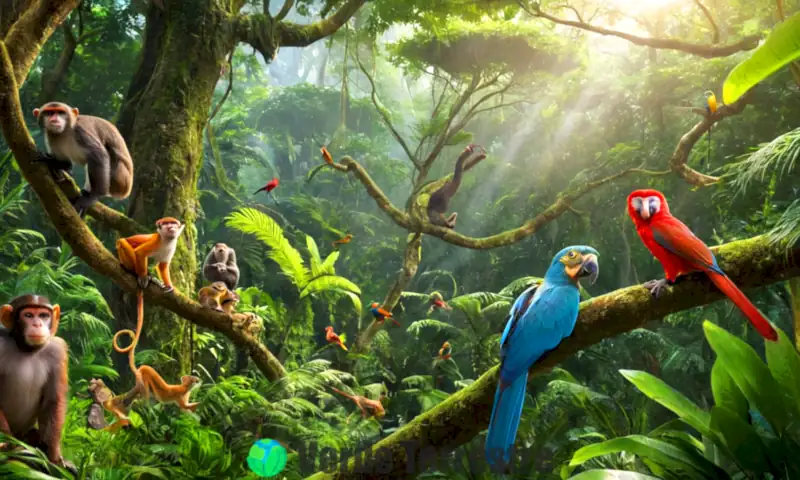 Escena vibrante de una selva tropical con 25 animales arbóreos coloridos entre hojas verdes y árboles altos